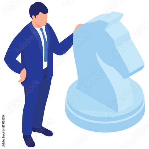 A businessman stands beside a large knight chess piece, symbolizing strategy and decision-making in business.