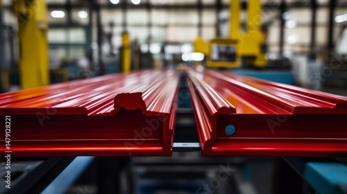 Wallpaper Mural Close-up of two vibrant red metal components on a factory production line. Torontodigital.ca