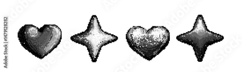 Pixel art shapes set - black white 8 bit heart and star icons. Retro 90s dithered low resolution design elements, old school y2k video game health life indicators isolated on white background.