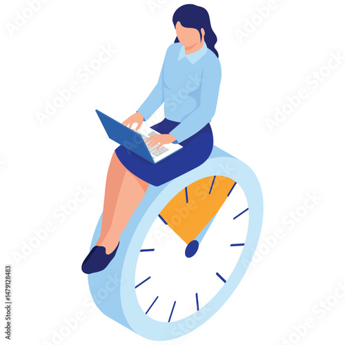 Business Concept. Vector illustration of A woman works on a laptop while sitting on a giant clock, highlighting time efficiency and productivity. Isolated on background