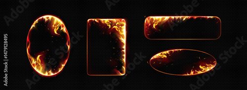 Burning fire frames collection - realistic flame border elements, red yellow smoke oval, rectangle and round fiery geometric shapes on black. Hot blazing light effect, ignite game design asset.