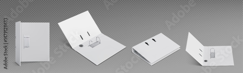 Ring binder folder mockups in various angles. White blank office stationery - corporate identity templates. Empty paper document cover, booklet page layout. School notebook or business organizer set.