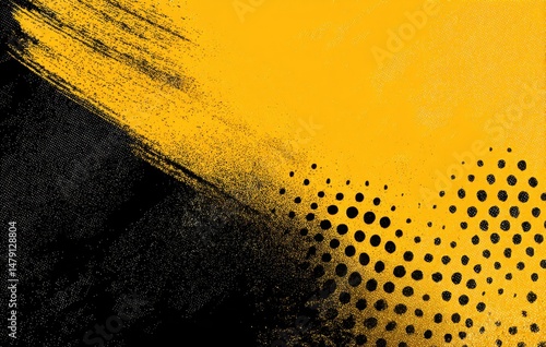 Bold yellow and black abstract design with textured brushstrokes.