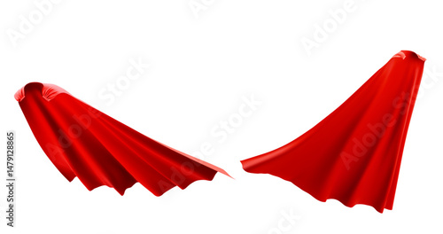 Red superhero cape fluttering. Silk fabric cloth material flowing on wind. Scarlet cloak garment accessory of hero. Power fantasy cinema costume design element. Dynamic waving textile flying on air.