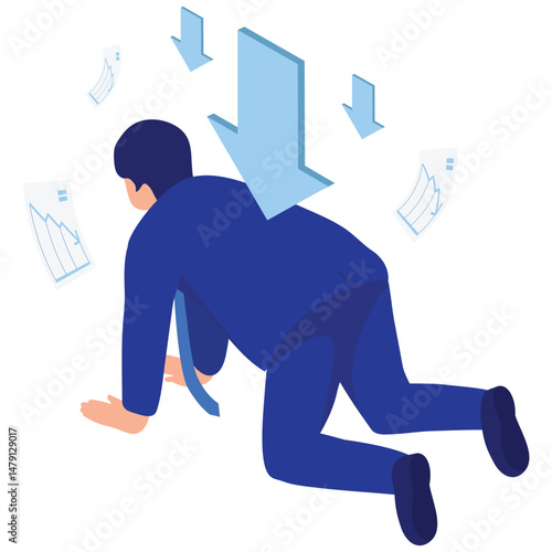 Business Concept. Vector illustration of A businessman on the ground burdened by falling arrows, symbolizing financial or strategic failure. Isolated on background