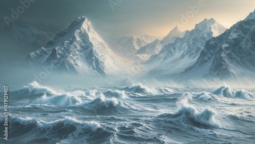 Wallpaper Mural a glistening scene across a silver sea, where waves crash into frozen mountain peaks Torontodigital.ca