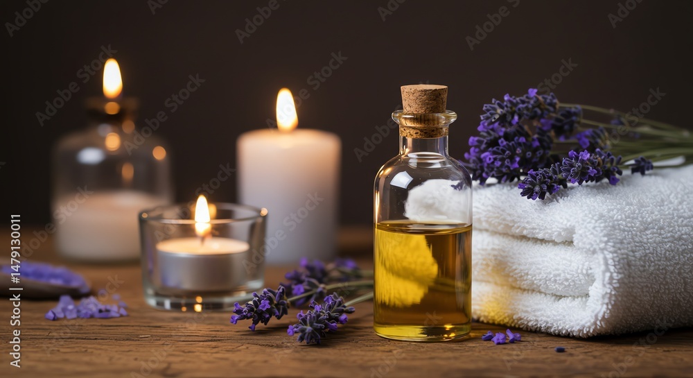 Serene Spa: Lavender Oil, Candles, and Towels Serene Spa: Lavender Oil, Candles, and Towels