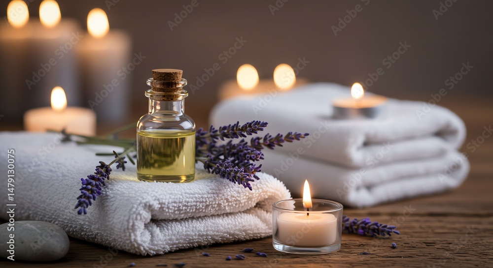 Serene Spa Setting: Lavender Oil, Candles, and Soft Towels Serene Spa Setting: Lavender Oil, Candles, and Soft Towels