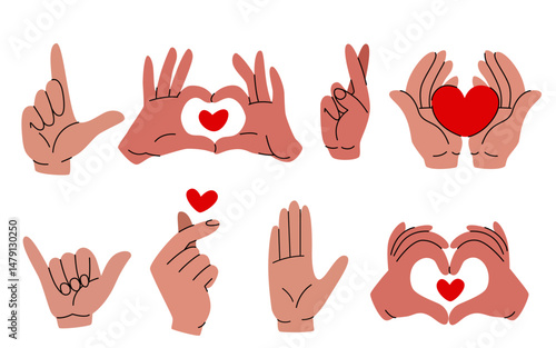 Hand gesture doodles for love and friendship theme. Heart shape symbol fingers in sketched style. Romantic affection signs illustrations, amorous feelings expressions. Nonverbal communication icons.