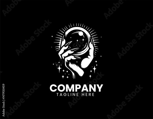 Mysterious Hand Long Nails Holding Gazing Crystal Ball Vector Logo Design, Eerie Hand Long Claws Holding Staring Crystal Orb Vector Logo, Mystical Hand Long Nails Gazing Crystal Sphere Illustration Lo