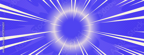 Powerful anime explosion effect - dynamic radial lines burst from bright center on blue bg. Dramatic comic book style zoom speed lines, white beams spreading out. Manga light rays, superhero action.