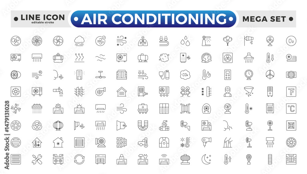 Air conditioning with fresh cold air outline icon set. Cool air and ...