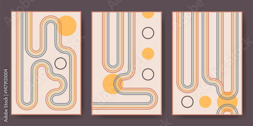 Rainbow arches wall art print set - retro curvy lines and circles in warm 70s colors. Striped funky minimalist shapes composition. Boho aesthetic home decor and groovy abstract design posters.