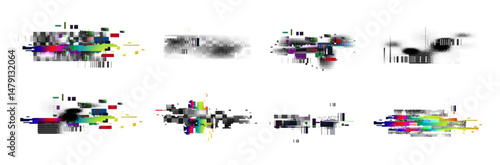 Glitch pixel art elements - distorted graphics with random colorful digital noise. Tv static, vhs tape artifacts and data corruption shapes. Hud interface overlays, abstract technology backgrounds.