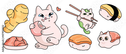 Kawaii cat sushi characters - adorable kittens cosplay as japanese cuisine. Cute kitty disguised as salmon nigiri and roll. Charming anime pet mascots eating mochi dessert. Funny manga stickers set.