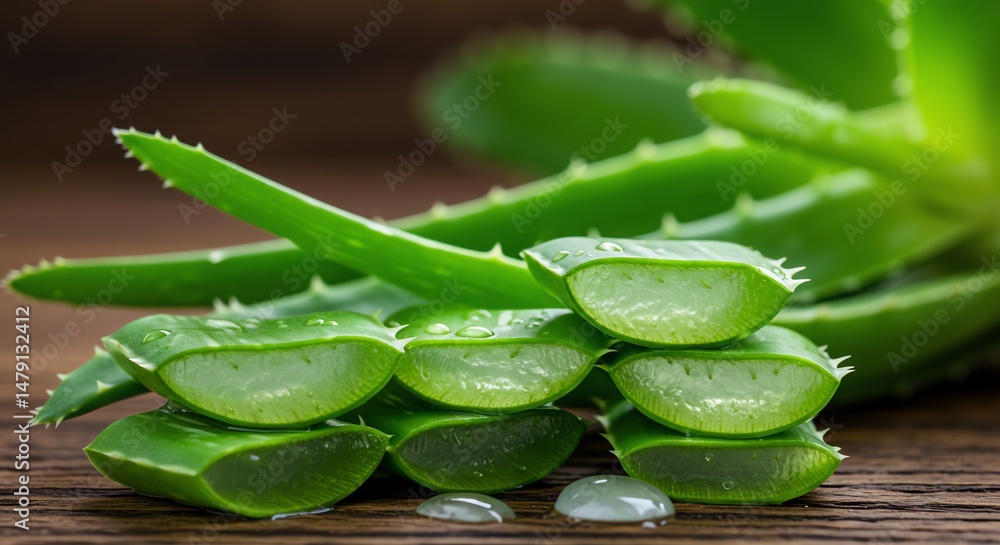 Fototapeta premium Fresh Aloe Vera: Sliced Leaves, Dewy Green, Natural Beauty