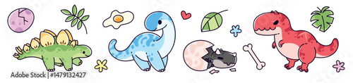 Cute dinosaur characters set - adorable baby dino cartoons. Funny brontosaurus, tyrannosaurus rex, triceratops and stegosaurus. Kawaii jurassic animal, childish prehistoric mascot, kids design element