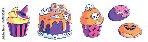 Happy Halloween cake decor - spooky treats with cute skull faces, spiders and ghosts. Orange frosting cupcake, purple slime drip cake, witch hat donut, jack-o-lantern candy. Fun trick or treat sweets