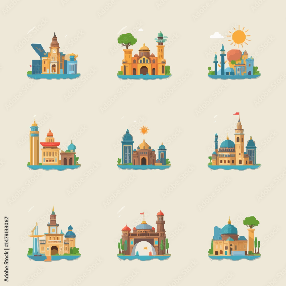 Fototapeta premium Architectural landmarks cartoon buildings icons