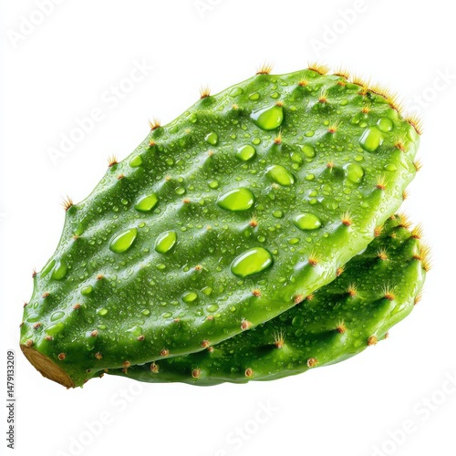 Fresh Prickly Pear Cactus Pad with Water Droplets - Healthy Food, Green Background, Isolated