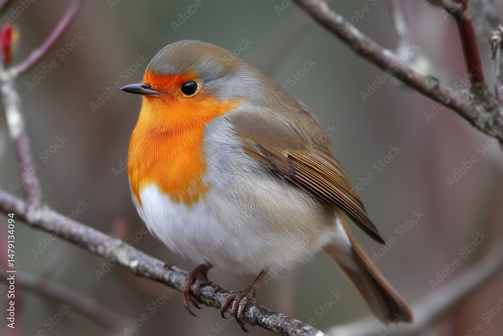 Fototapeta premium European Robin with Orange Chest on a Branch