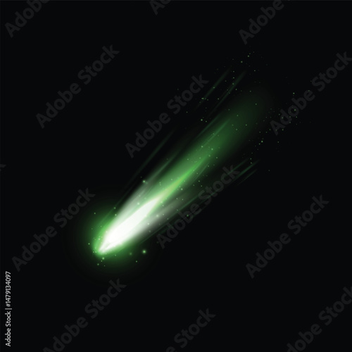 Falling asteroid or comet with fire tail. Realistic 3D vector illustration of high speed flying meteor in space with green light trail. Cosmic shooting meteorite in atmosphere. Astronomic burning rock