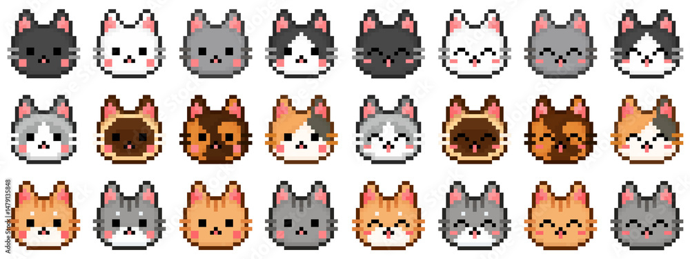 Cat face pixel art icon set. Kitty smiley logo collection in retro 8-bit game style. Cute various colors pixel kitten design for stickers, icons, poster Cat face pixel art icon set. Kitty smiley logo collection in retro 8-bit game style. Cute various colors pixel kitten design for stickers, icons, poster