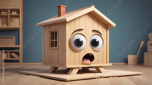 House Cartoon Character Looking Surprised in Room Interior