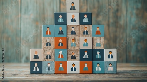 Stacked blocks form a pyramid, each showing a diverse person icon, symbolizing team