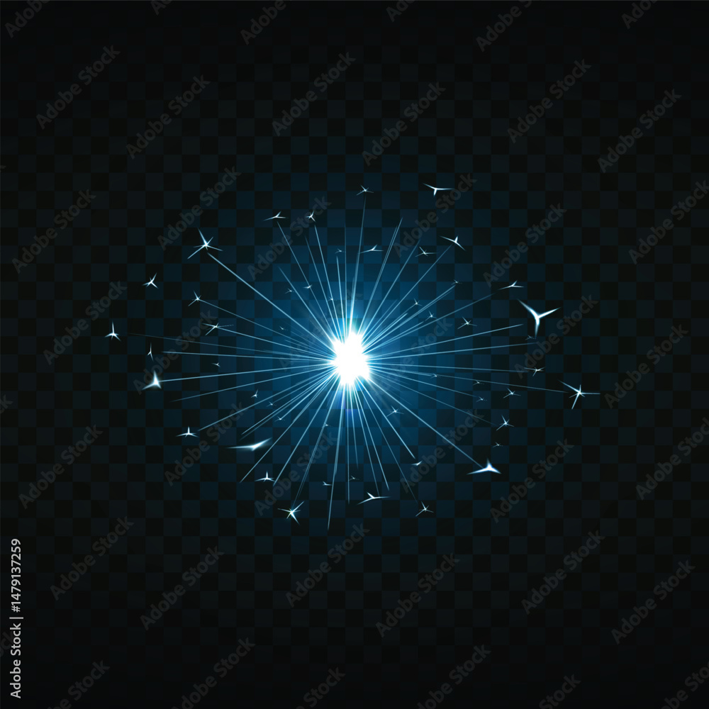 Fototapeta premium Vector realistic fireworks illustration with blue neon lights and bright glow.