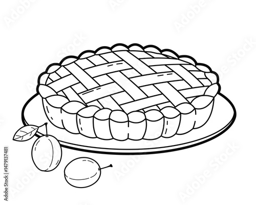 Autumn plum pie. Outline illustration, isolated on white background, design elements or page of children's coloring book