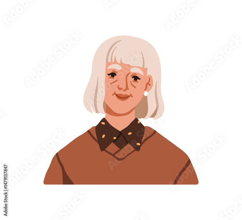 Senior old woman smiling. Elderly lady with gray hair, face avatar, head portrait. Elder aged retired female character, business person. Flat vector illustration isolated on white background
