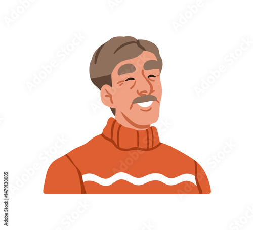 Senior old man. Happy elderly male character, face avatar with gray hair, mustache. Laughing positive smiling joyful person in retirement age. Flat vector illustration isolated on white background