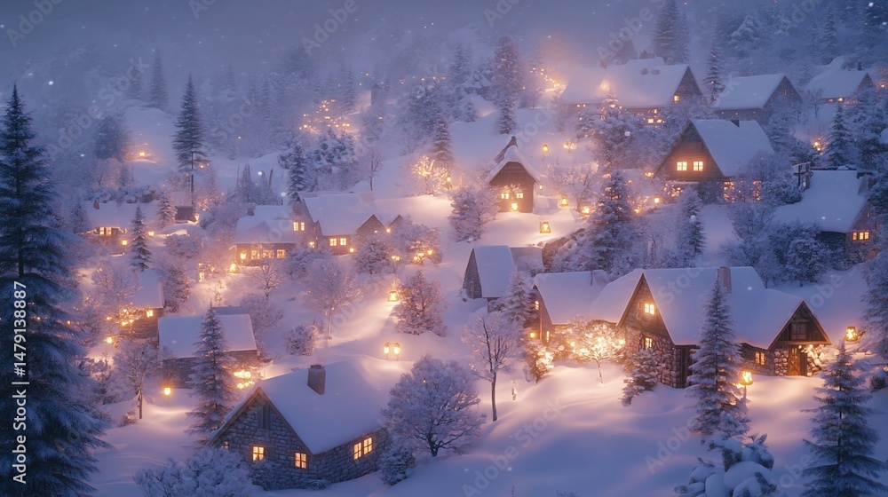 Obraz premium Snowy village at dusk