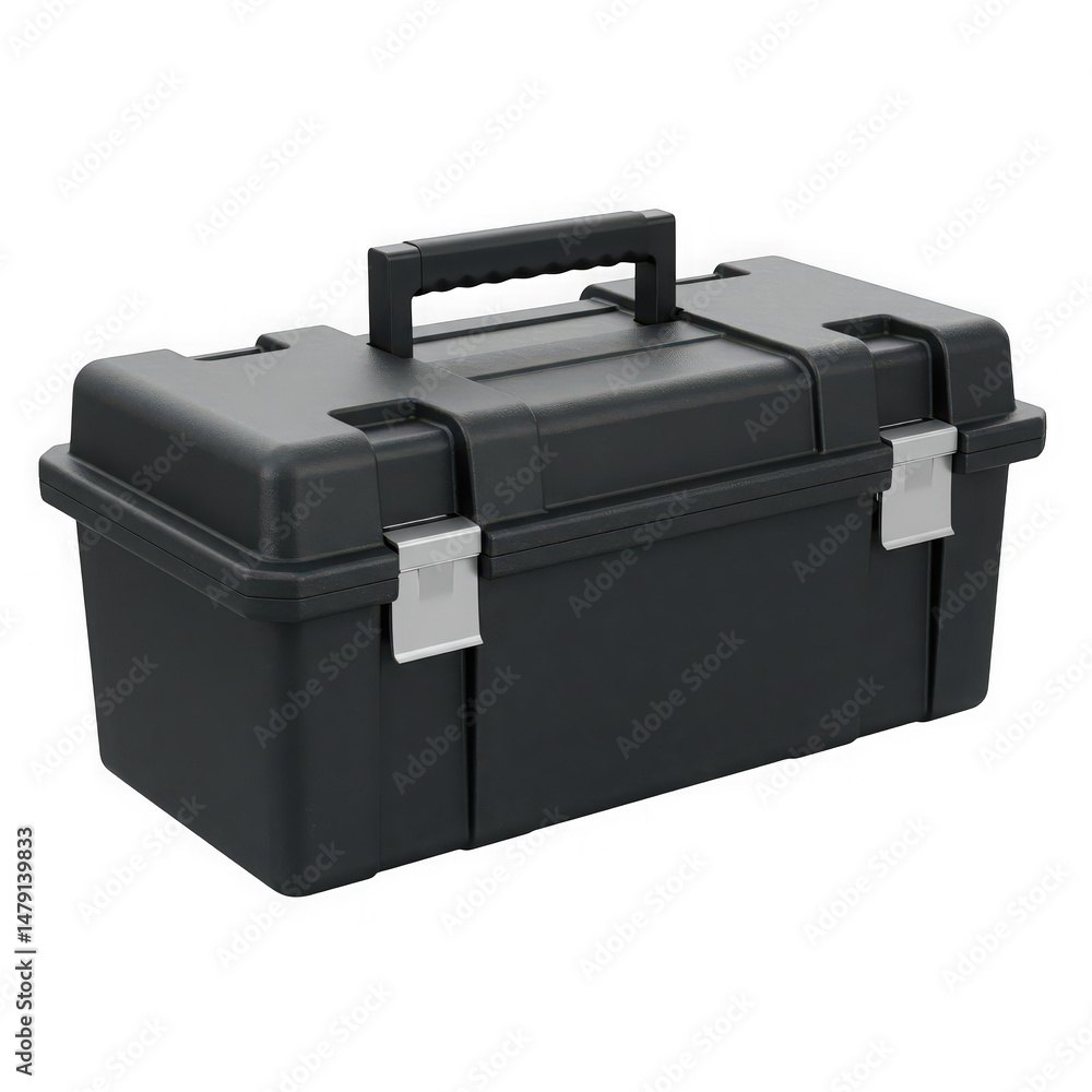 Black toolbox isolated on transparent background for tool storage, organization, and transport use cases. Black toolbox isolated on transparent background for tool storage, organization, and transport use cases.