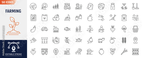 Farming icon set. Including Farm, Farmer, Agricultural, Cow, Pig, Lamb, Chicken, Bee, Windmill, Wheat, Corn, Harvesting and more. Editable stroke. Vector illustration