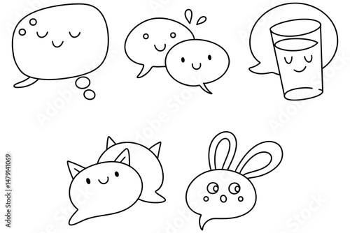 Cute chat icons and characters with playful expressions create joyful message in fun chat environment