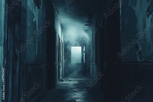 Dark haunted hallway evoking fear with ghostly presence at night  Dark haunted hallway with ghostly presence  horror Photo background