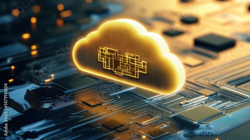 Futuristic golden cloud icon with digital circuitry background representing cloud computing technology and data storage solutions in a high-tech environment