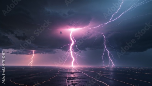 a prismatic scene in the heart of the storm, where lightning strikes twice in the same place