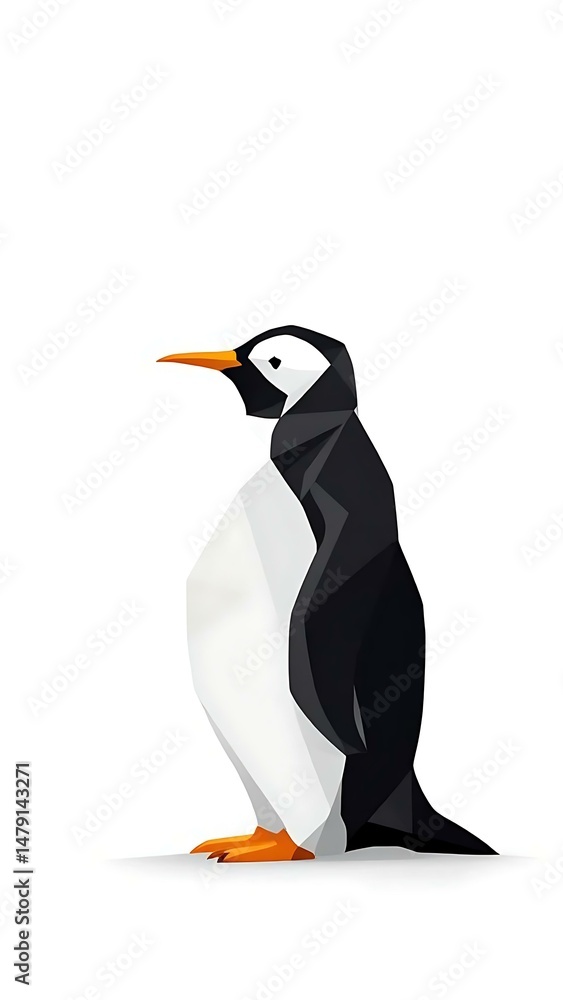 Naklejka premium 🔹 Geometric Penguin Style 🔹 This modern polygonal illustration of a penguin brings elegance and minimalism to life with clean lines and crisp contrasts. The bold black-and-white composition 