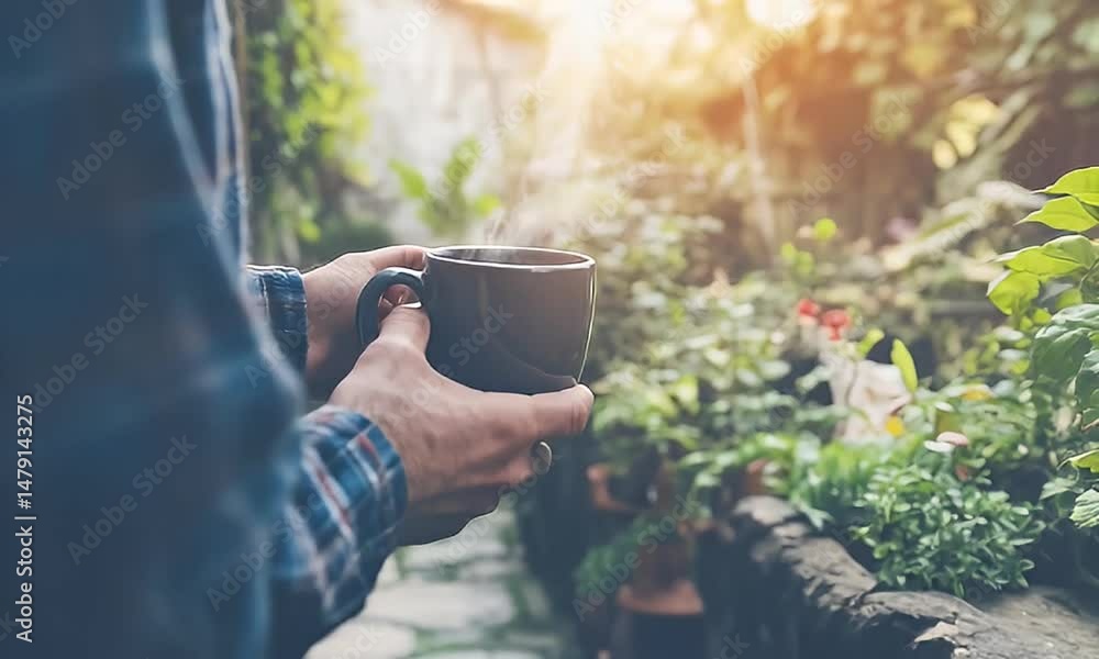Person enjoys a warm drink amidst lush greenery in a tranquil outdoor setting Person enjoys a warm drink amidst lush greenery in a tranquil outdoor setting