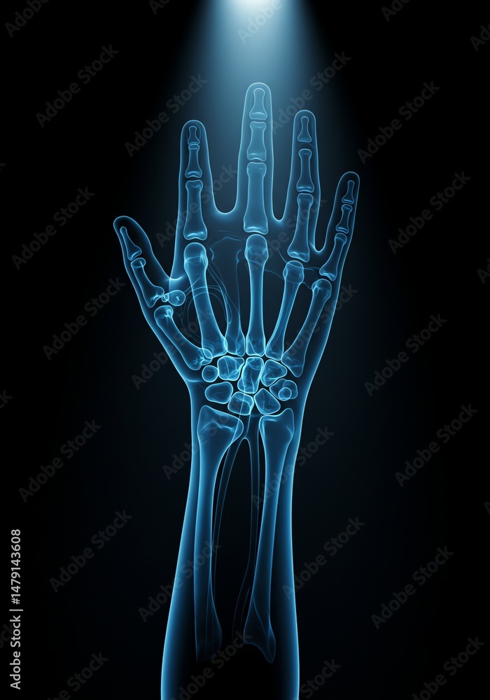 Naklejka premium Illuminated Hand Anatomy: A Blue-Toned Skeletal Study