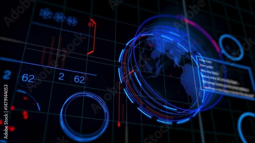 Abstract blue and purple neon light particle tunnel technology background concept on dark background. Digital backdrop effect.