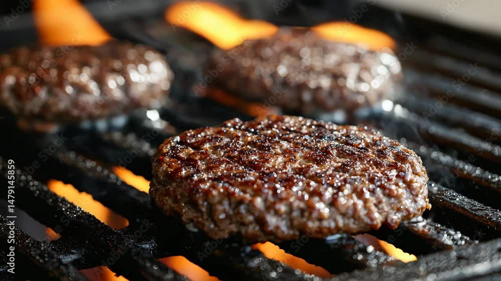Grilled beef patty sizzling barbecue grill with flame and smoke, juicy cooked meat over fire, close up of delicious and appetizing burger, perfect for summer cookout or picnic, savory and well cooked