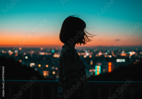 Young woman with short hair standing against cityscape at sunset