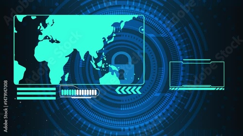 Abstract blue and purple neon light particle tunnel technology background concept on dark background. Digital backdrop effect.