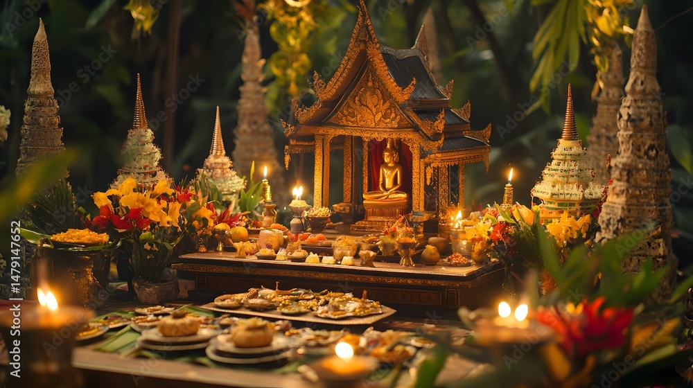 Fototapeta premium A vibrant festive scene with traditional Thai decorations made from upcycled materials, showcasing the spirit of cultural celebrations.