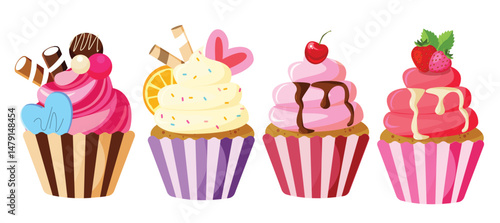 Cupcake colorful icon clipart set. Birthday cup cake drawing elements clip art with strawberry, lemon, chocolate and cherry flavors collection in white background vector illustration. 
