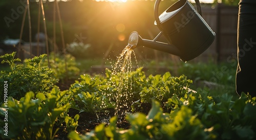 Watering Plants in a Garden